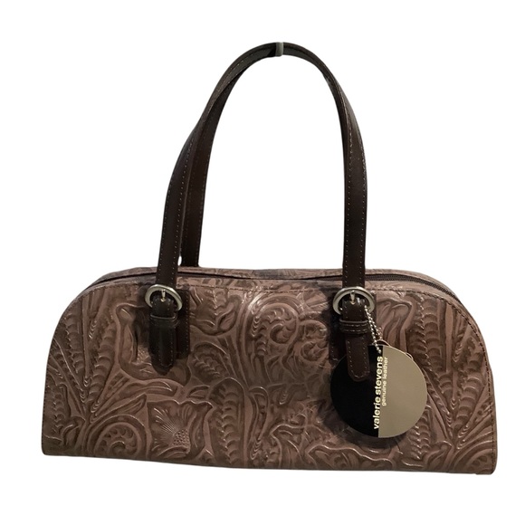Valerie Stevens Handbags - Valerie Stevens Vtg Genuine Leather Tooling Around Brown Embossed Handbag Rare